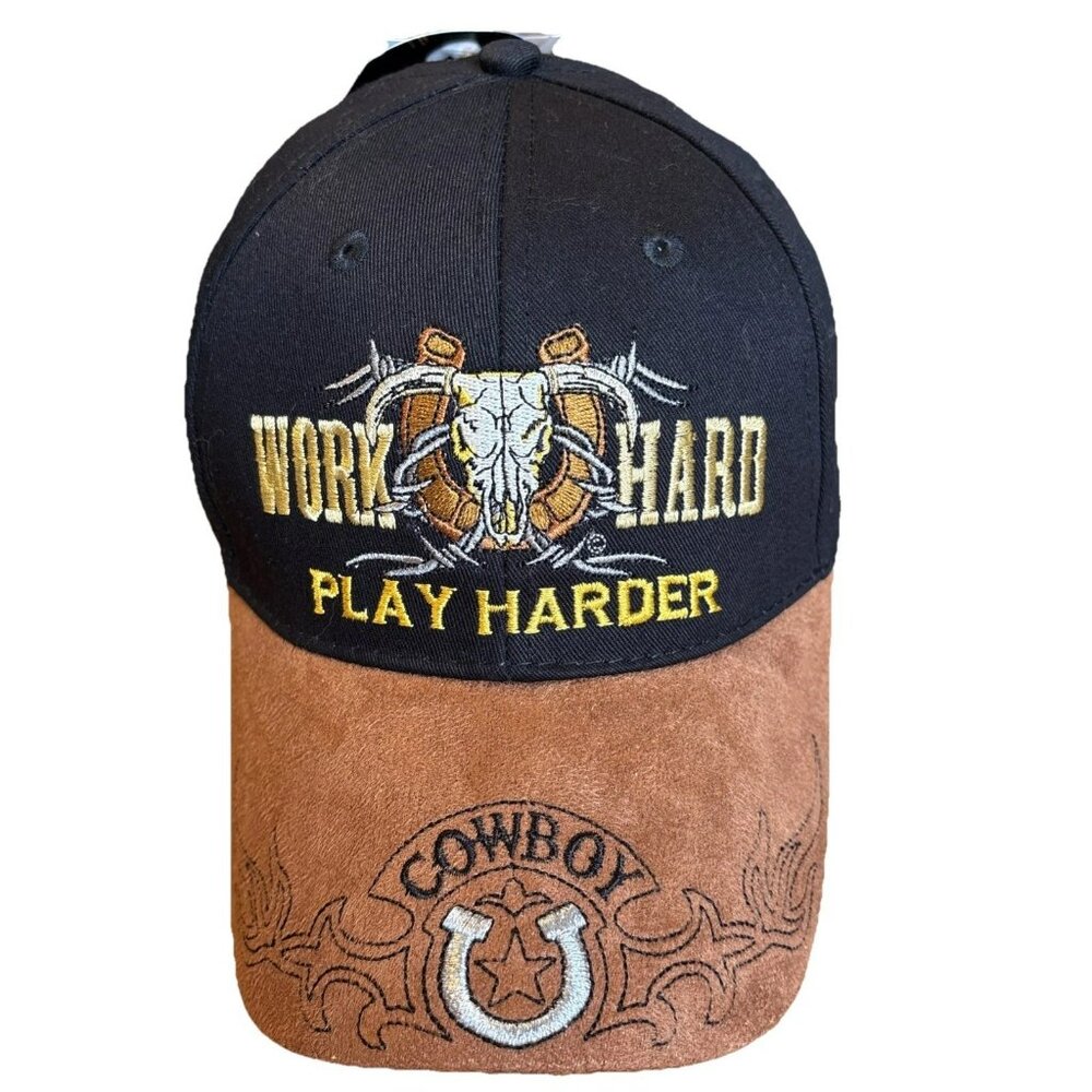 Six panel black baseball cap work hard play harder cowboy horseshoe embroidered